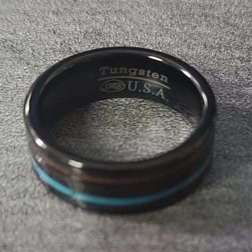Engraved Men's Real Black Tungsten Wedding Ring - Turquoise and Koa Wood Inlays